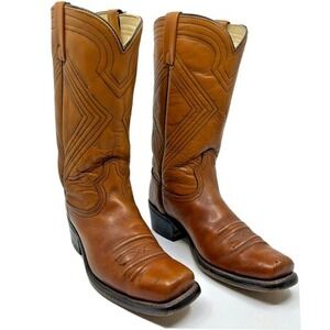 Acme Cowboy Boots Mens 8D Tan Leather Vintage Square Toe Made in USA Good
